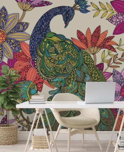 Mural colorido de flores e pássaros