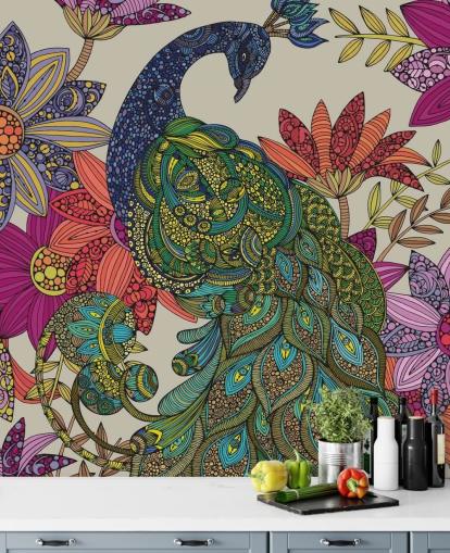 mural flores y pájaros de colores