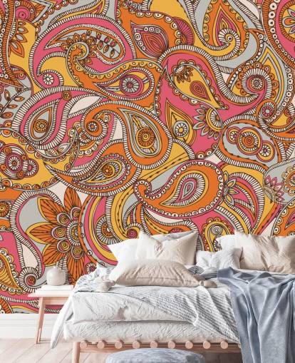 papel pintado paisley rosa y naranja