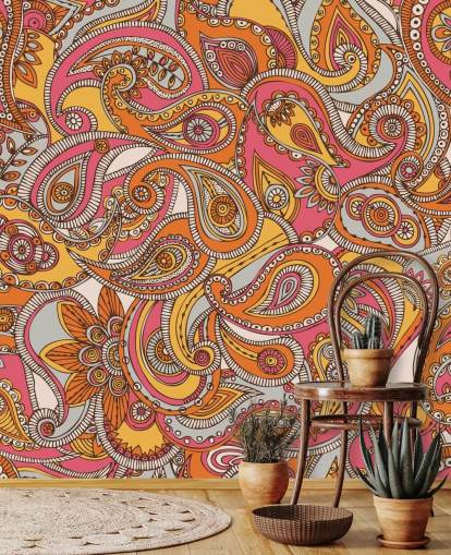 papier peint cachemire rose et orange