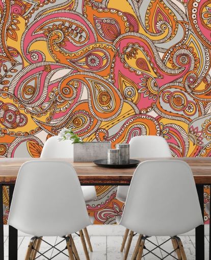 papel pintado paisley rosa y naranja