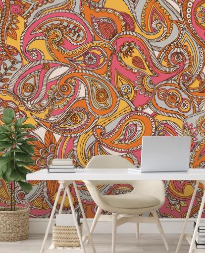 papel pintado paisley rosa y naranja