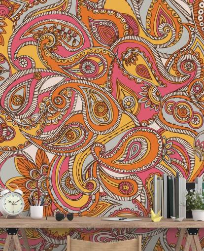papel pintado paisley rosa y naranja