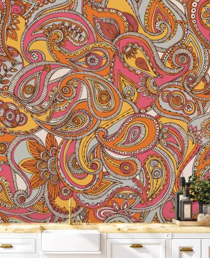 papel pintado paisley rosa y naranja