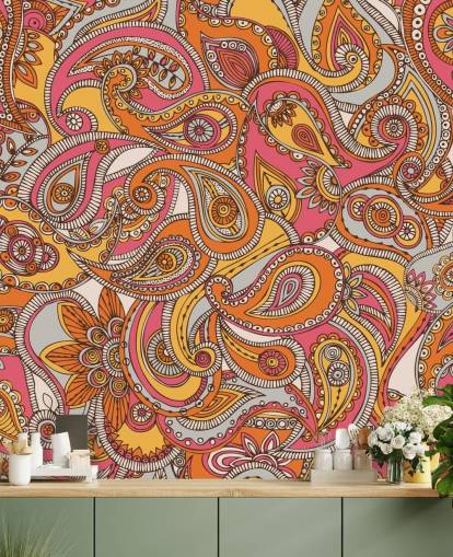 papel pintado paisley rosa y naranja
