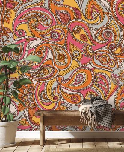 roze en oranje paisley behang