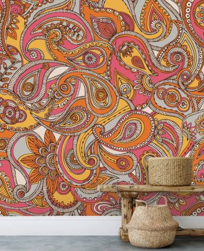 papel de parede paisley rosa e laranja