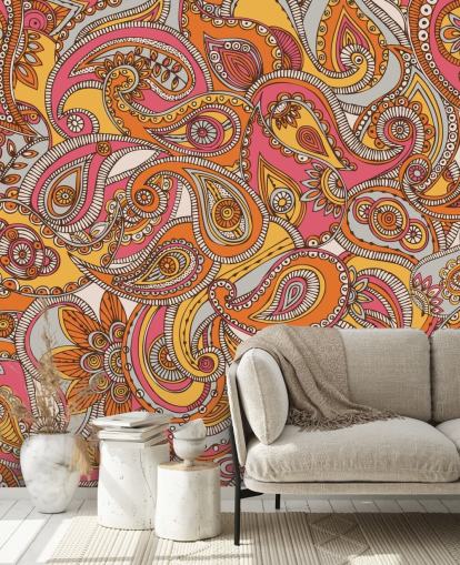 papel pintado paisley rosa y naranja