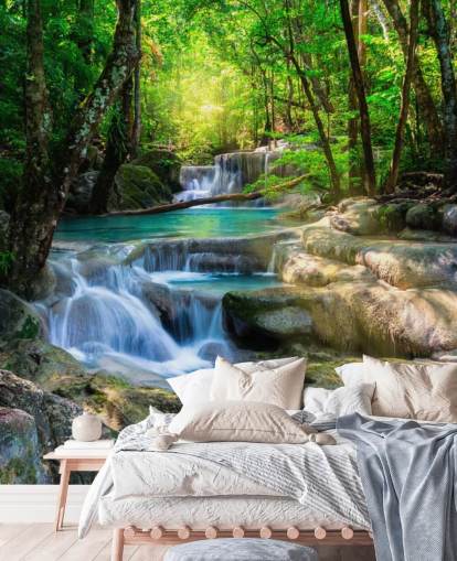 papier peint mural personnalisé en cascade bleu turquoise appelé Peaceful Waterfall pour salles de bains et cuisines papier peint mural personnalisé en cascade bleu turquoise appelé Peaceful Waterfall pour salles de bains et cuisines