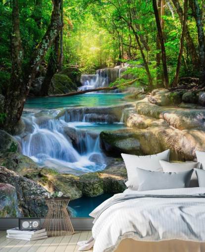 turquoise blue custom waterfall wallpaper mural called Peaceful Waterfall for bathrooms and kitchens