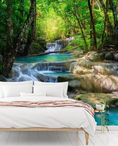 turkisblå brugerdefineret vandfald tapetmaleri kaldet Peaceful Waterfall til badeværelser og køkkener