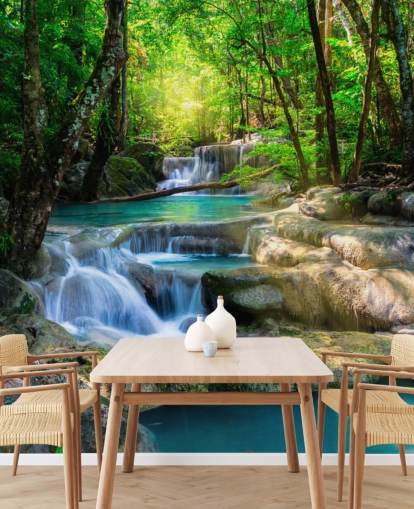 turquoise blue custom waterfall wallpaper mural called Peaceful Waterfall for bathrooms and kitchens