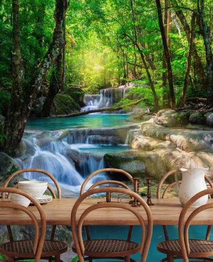 turquoise blue custom waterfall wallpaper mural called Peaceful Waterfall for bathrooms and kitchens