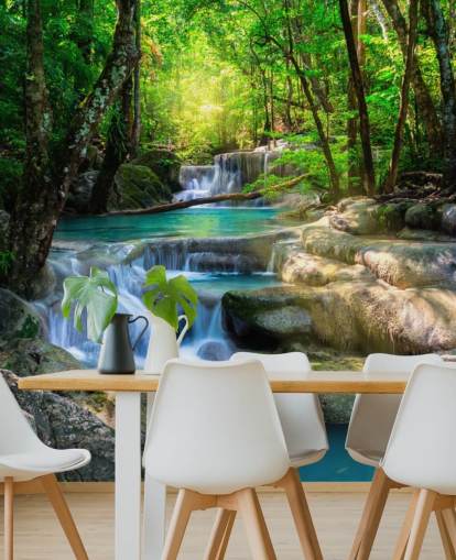 turquoise blue custom waterfall wallpaper mural called Peaceful Waterfall for bathrooms and kitchens