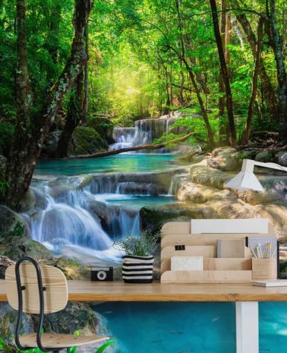 turquoise blue custom waterfall wallpaper mural called Peaceful Waterfall for bathrooms and kitchens turquoise blue custom waterfall wallpaper mural called Peaceful Waterfall for bathrooms and kitchens