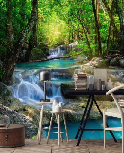 türkisblaues individuelles Wasserfall-Tapeten-Wandbild namens Peaceful Waterfall für Badezimmer und Küchen