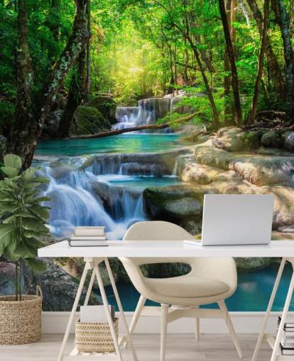 mural de papel pintado de cascada personalizado azul turquesa llamado Peaceful Waterfall para baños y cocinas mural de papel pintado de cascada personalizado azul turquesa llamado Peaceful Waterfall para baños y cocinas