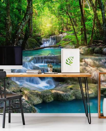 turquoise blue custom waterfall wallpaper mural called Peaceful Waterfall for bathrooms and kitchens