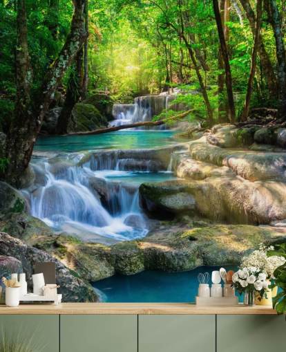 turquoise blue custom waterfall wallpaper mural called Peaceful Waterfall for bathrooms and kitchens