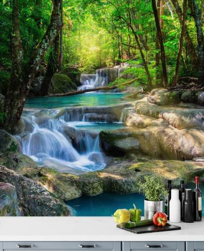 turquoise blue custom waterfall wallpaper mural called Peaceful Waterfall for bathrooms and kitchens turquoise blue custom waterfall wallpaper mural called Peaceful Waterfall for bathrooms and kitchens