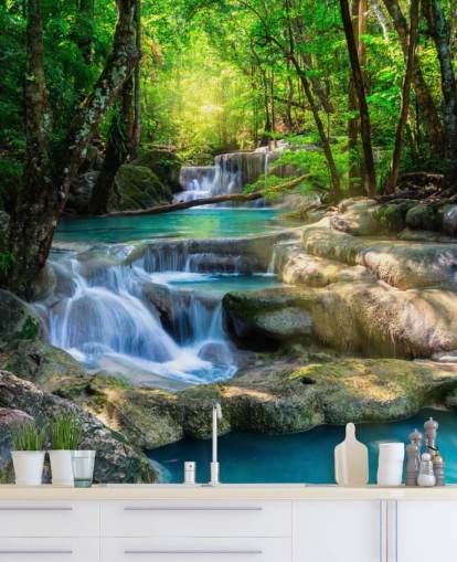 carta da parati murale personalizzata blu turchese a cascata chiamata Peaceful Waterfall per bagni e cucine