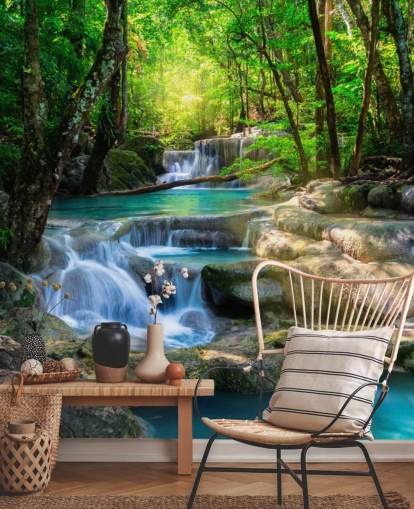 türkisblaues individuelles Wasserfall-Tapeten-Wandbild namens Peaceful Waterfall für Badezimmer und Küchen