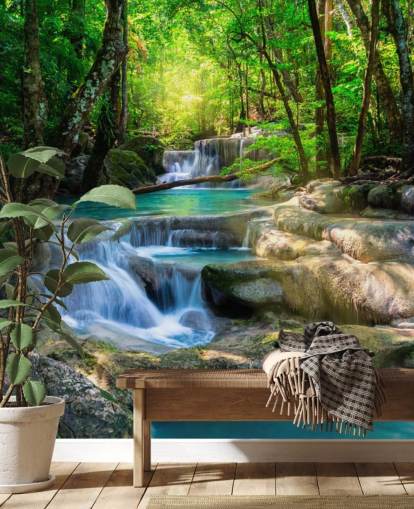 turquoise blue custom waterfall wallpaper mural called Peaceful Waterfall for bathrooms and kitchens