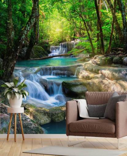 mural de papel de parede de cachoeira personalizado em azul turquesa chamado Peaceful Waterfall para banheiros e cozinhas