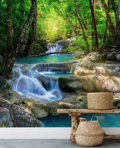 türkisblaues individuelles Wasserfall-Tapeten-Wandbild namens Peaceful Waterfall für Badezimmer und Küchen