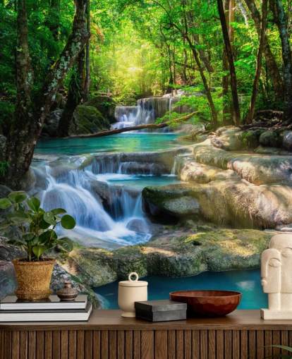 turkosblå anpassad vattenfall tapetväggmålning kallad Peaceful Waterfall för badrum och kök