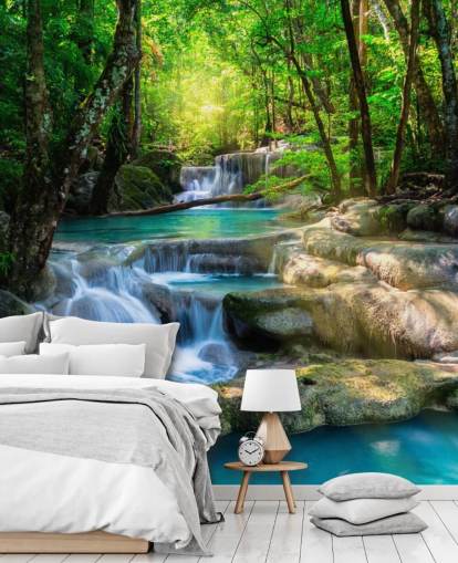 mural de papel pintado de cascada personalizado azul turquesa llamado Peaceful Waterfall para baños y cocinas