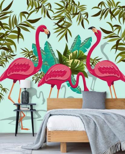 vaaleanpunainen, sininen ja vihreä muokattava flamingo seinämaalaus nimeltä Tropical Pink Flamingos vaaleanpunainen, sininen ja vihreä muokattava flamingo seinämaalaus nimeltä Tropical Pink Flamingos