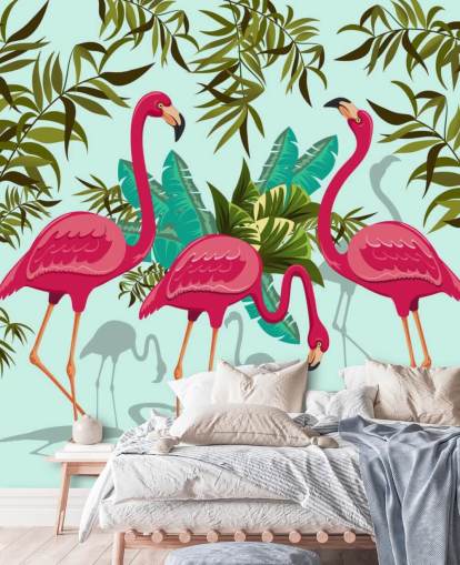 vaaleanpunainen, sininen ja vihreä muokattava flamingo seinämaalaus nimeltä Tropical Pink Flamingos vaaleanpunainen, sininen ja vihreä muokattava flamingo seinämaalaus nimeltä Tropical Pink Flamingos