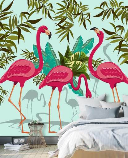 murale da parete personalizzabile con fenicotteri rosa, blu e verdi chiamato Tropical Pink Flamingos