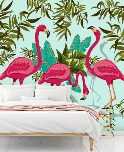 pink, blue and green customizable flamingo wall mural called Tropical Pink Flamingos pink, blue and green customizable flamingo wall mural called Tropical Pink Flamingos