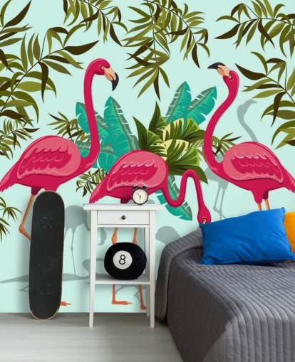 pink, blue and green customisable flamingo wall mural called Tropical Pink Flamingos