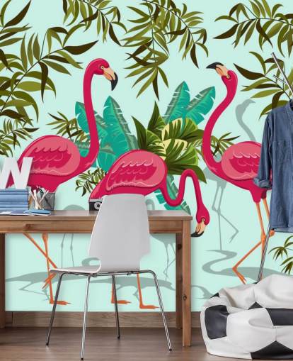 fresque murale personnalisable de flamants roses, bleus et verts appelée Tropical Pink Flamingos fresque murale personnalisable de flamants roses, bleus et verts appelée Tropical Pink Flamingos