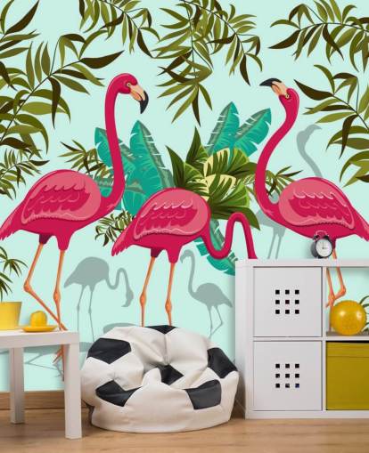 mural de pared de flamencos personalizable rosa, azul y verde llamado Tropical Pink Flamingos mural de pared de flamencos personalizable rosa, azul y verde llamado Tropical Pink Flamingos