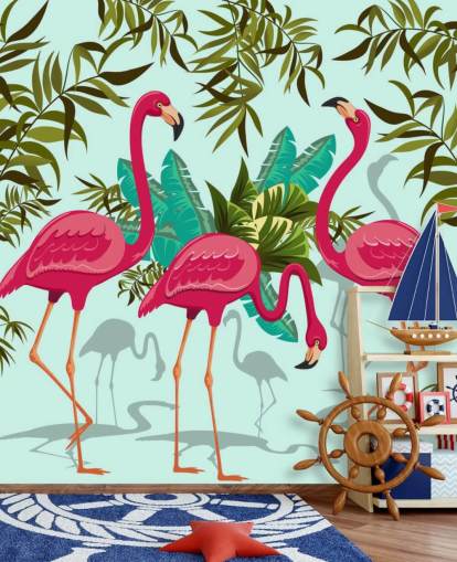 murale da parete personalizzabile con fenicotteri rosa, blu e verdi chiamato Tropical Pink Flamingos