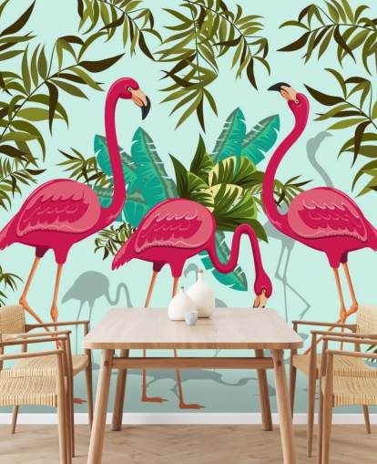 pink, blue and green customizable flamingo wall mural called Tropical Pink Flamingos
