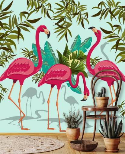 lyserød, blå og grøn tilpasselig flamingo vægmaleri kaldet Tropical Pink Flamingos lyserød, blå og grøn tilpasselig flamingo vægmaleri kaldet Tropical Pink Flamingos