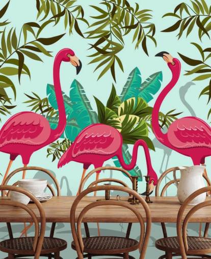 mural de pared de flamencos personalizable rosa, azul y verde llamado Tropical Pink Flamingos