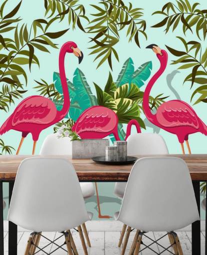 vaaleanpunainen, sininen ja vihreä muokattava flamingo seinämaalaus nimeltä Tropical Pink Flamingos