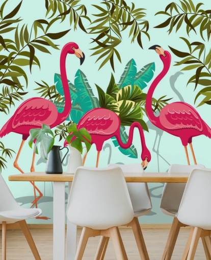 murale da parete personalizzabile con fenicotteri rosa, blu e verdi chiamato Tropical Pink Flamingos