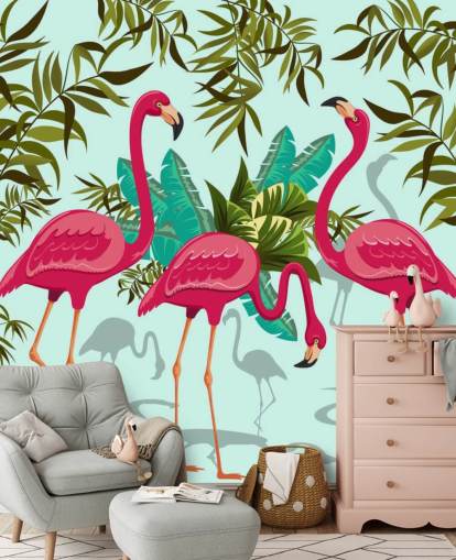 pink, blue and green customizable flamingo wall mural called Tropical Pink Flamingos pink, blue and green customizable flamingo wall mural called Tropical Pink Flamingos