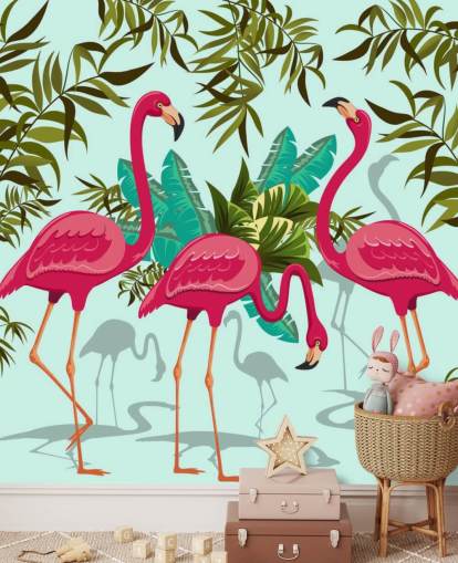 pink, blue and green customisable flamingo wall mural called Tropical Pink Flamingos pink, blue and green customisable flamingo wall mural called Tropical Pink Flamingos