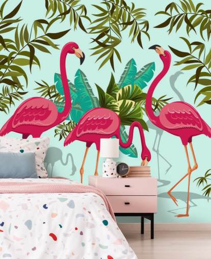 murale da parete personalizzabile con fenicotteri rosa, blu e verdi chiamato Tropical Pink Flamingos