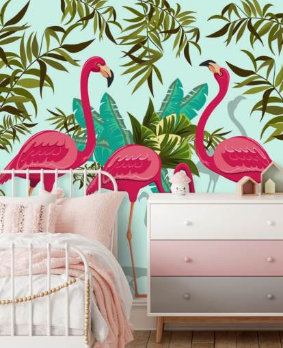 murale da parete personalizzabile con fenicotteri rosa, blu e verdi chiamato Tropical Pink Flamingos