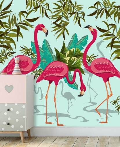 fresque murale personnalisable de flamants roses, bleus et verts appelée Tropical Pink Flamingos