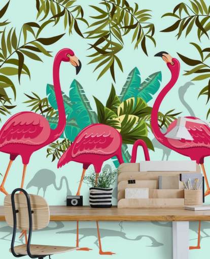 pink, blue and green customizable flamingo wall mural called Tropical Pink Flamingos